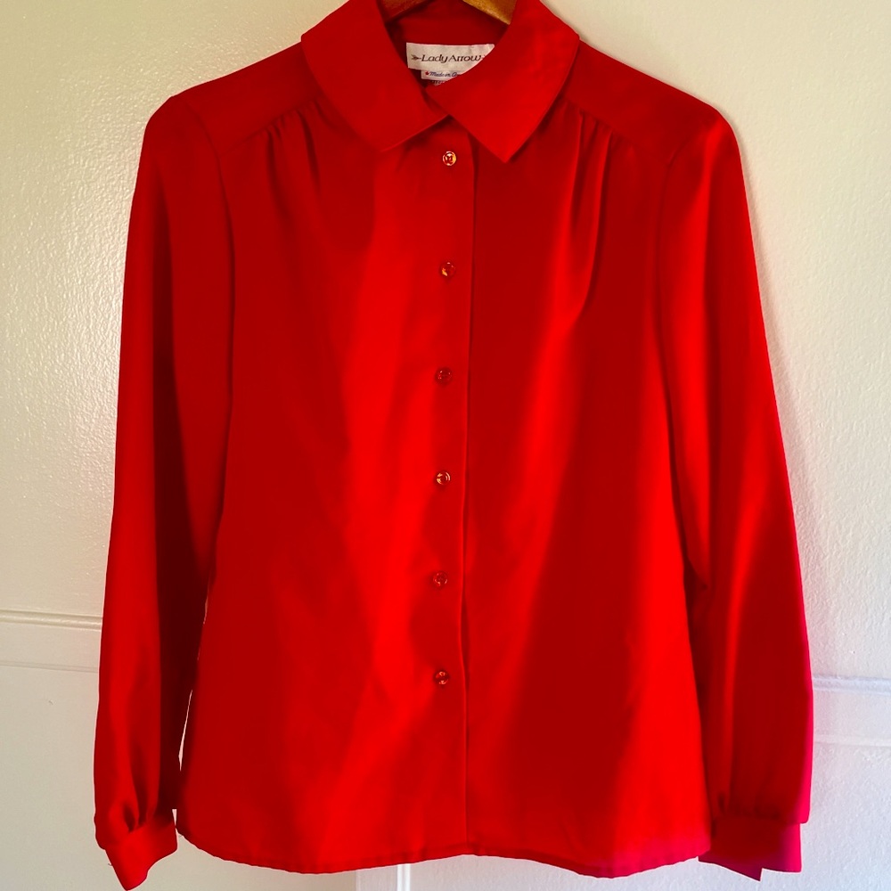 Vintage Red button front blouse. Length 24” width 18”. 100% polyester